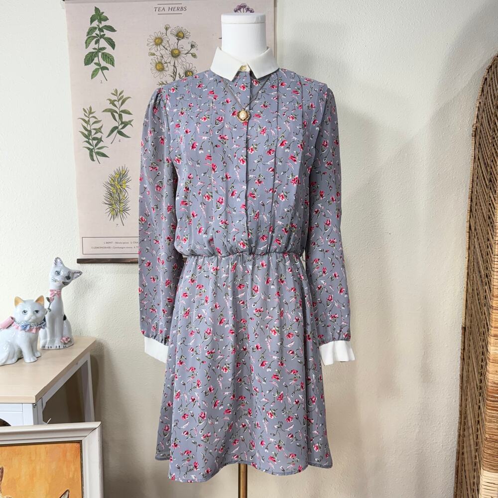 Vintage Floral Collared Dress Cottage Prairie Dolly Dollette Gloomy Coquette S M